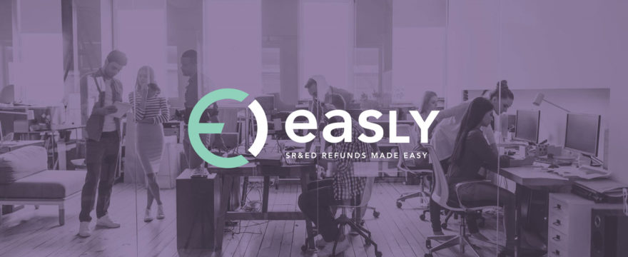 The Easly logo overlayed on an office scene with groups of people working